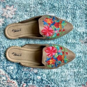 Women's Floral Embroidered Tan Mules Slip-on Pointed Flats Shoes
